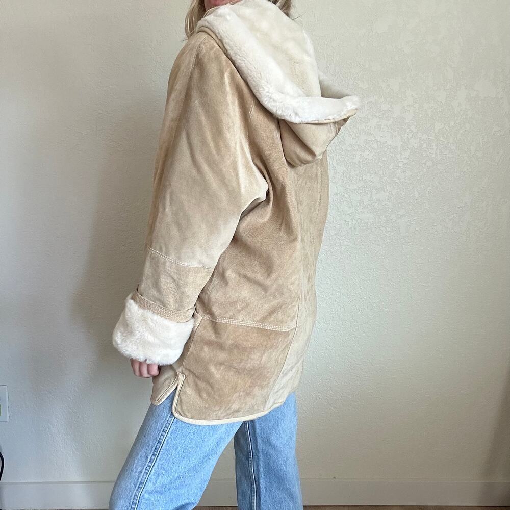 Vintage Genuine Leather Coat Faux Fur Hood